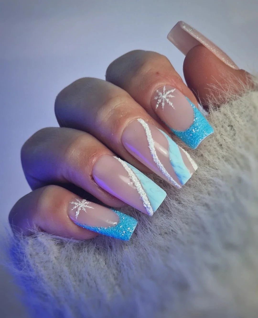Blue Glitter French Tips with Winter Accents Blue Glitter French Tips with Winter Accents β Classy New Years Nails 2027