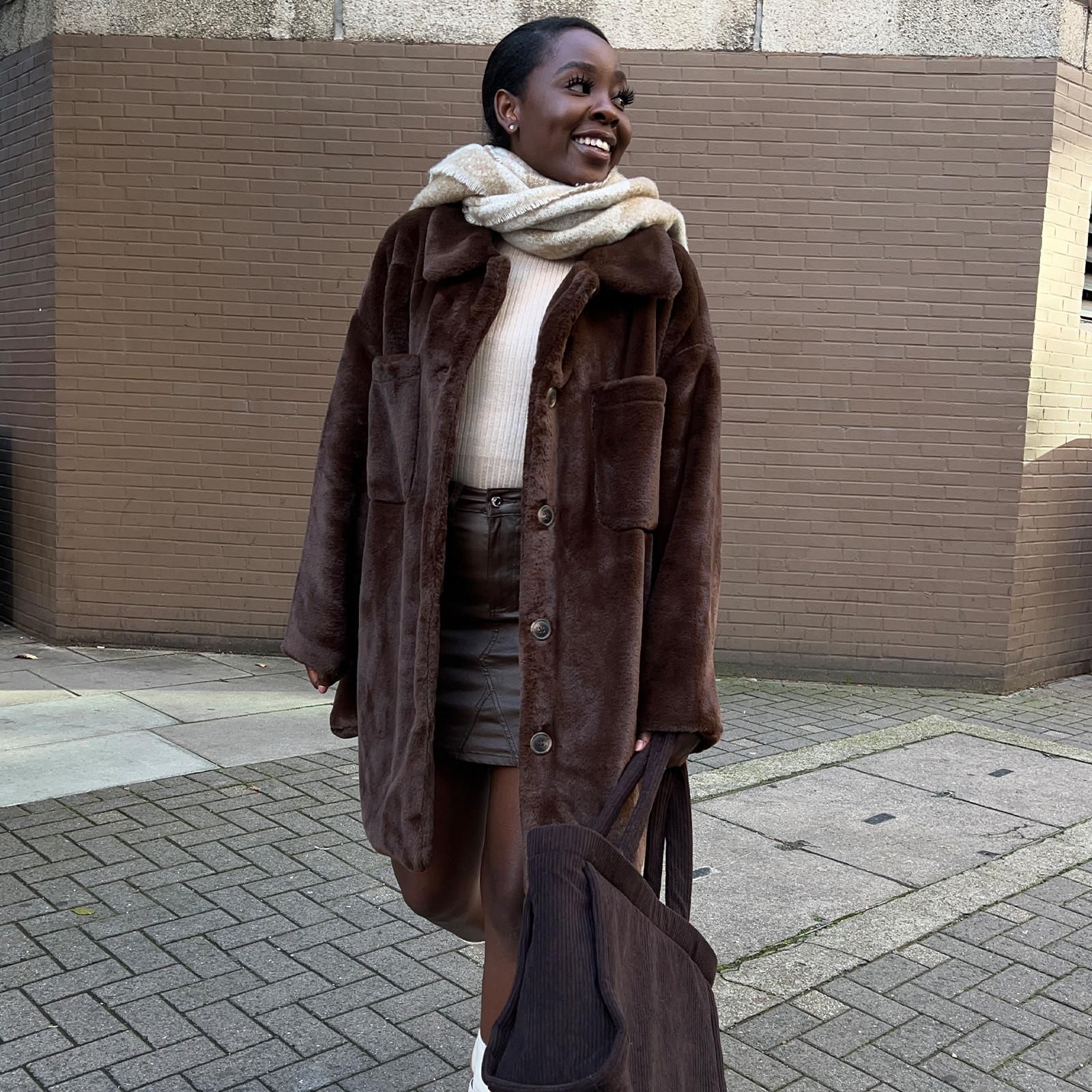 Cozy Faux Fur Jacket Paired with Knitwear and Leather Skirt — Winter Jackets for Women