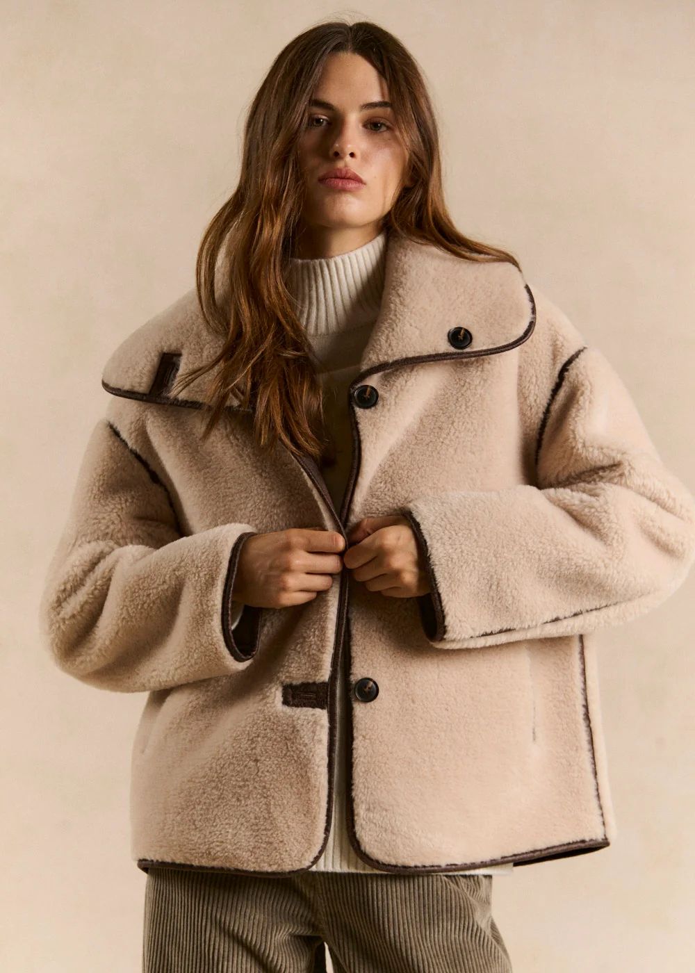 Beige Teddy Fabric Jacket with Corduroy Trousers — Winter Jackets for Women