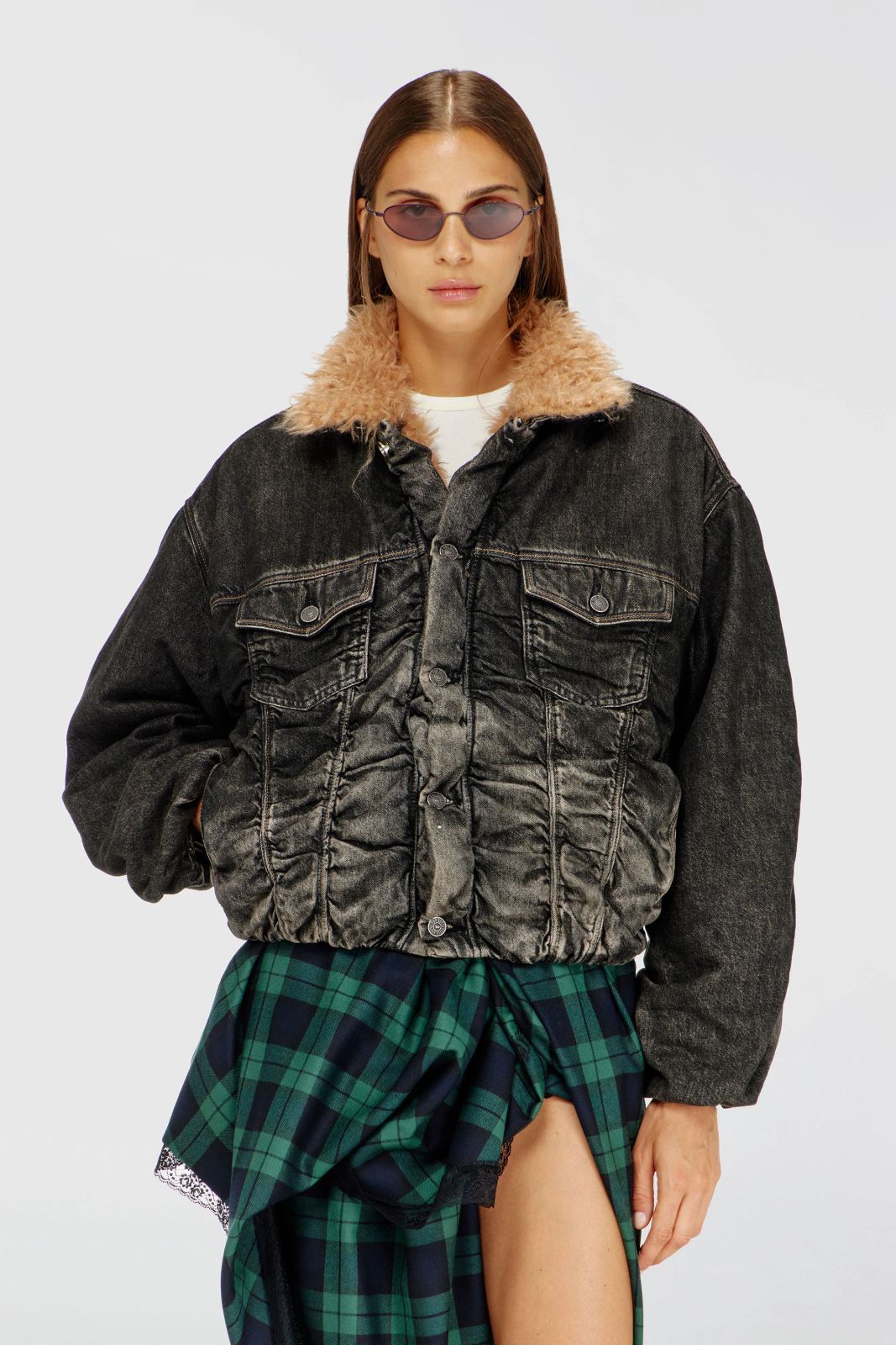 Grey Washed Denim Jacket with Faux Fur Collar — Winter Jackets for Women