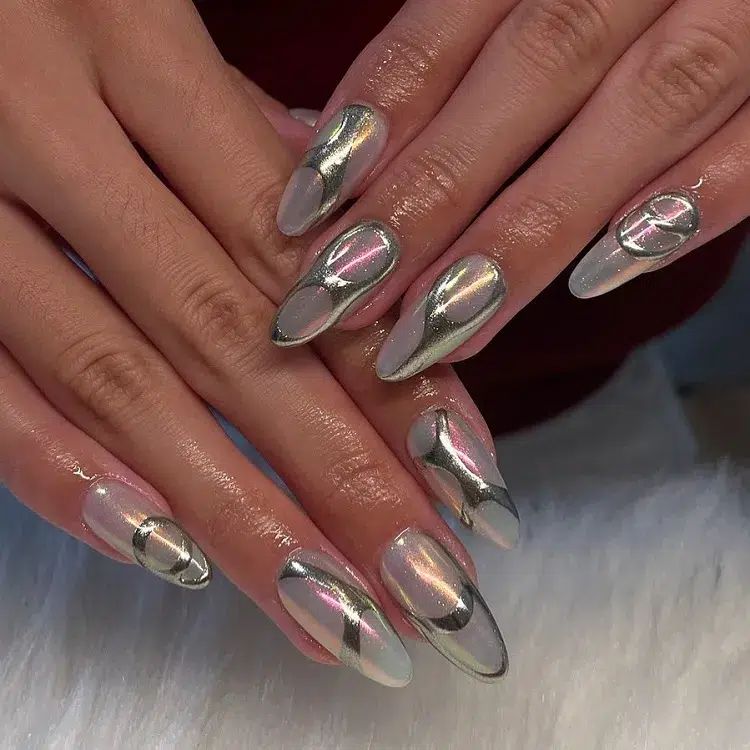 Iridescent Base with Abstract Chrome Accents — Silver Chrome Nails