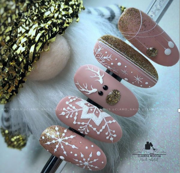 Matte Pink Snowflake Reindeer Nails Matte Pink Snowflake Reindeer Nails β Simple Short Christmas Nails 2026