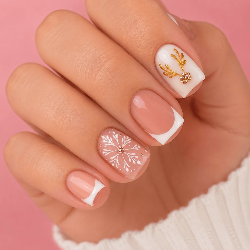 Nude Snowflake Reindeer Charm Square Nails Nude Snowflake Reindeer Charm Square Nails β Simple Short Christmas Nails 2026