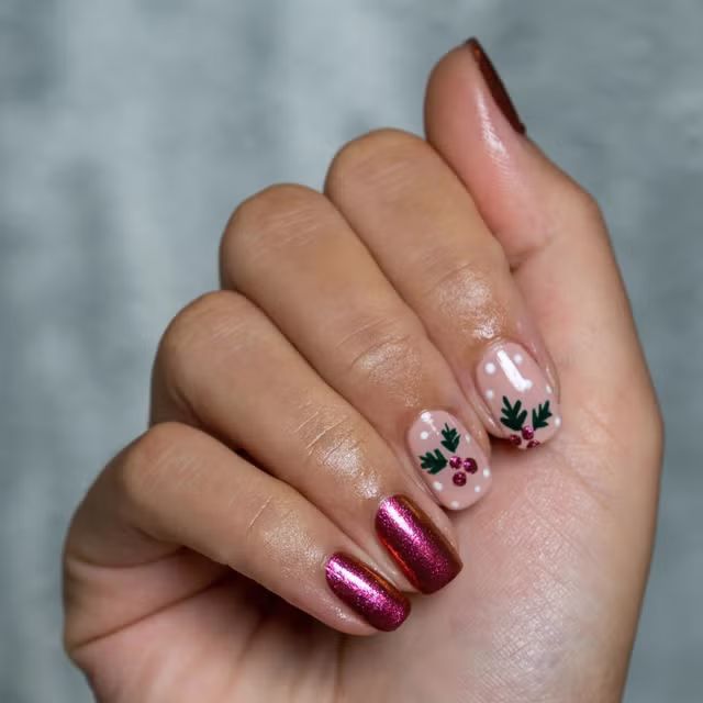 Glossy Metallic Short Square Holly and Metallic Pink — Cute Christmas Nails 2026