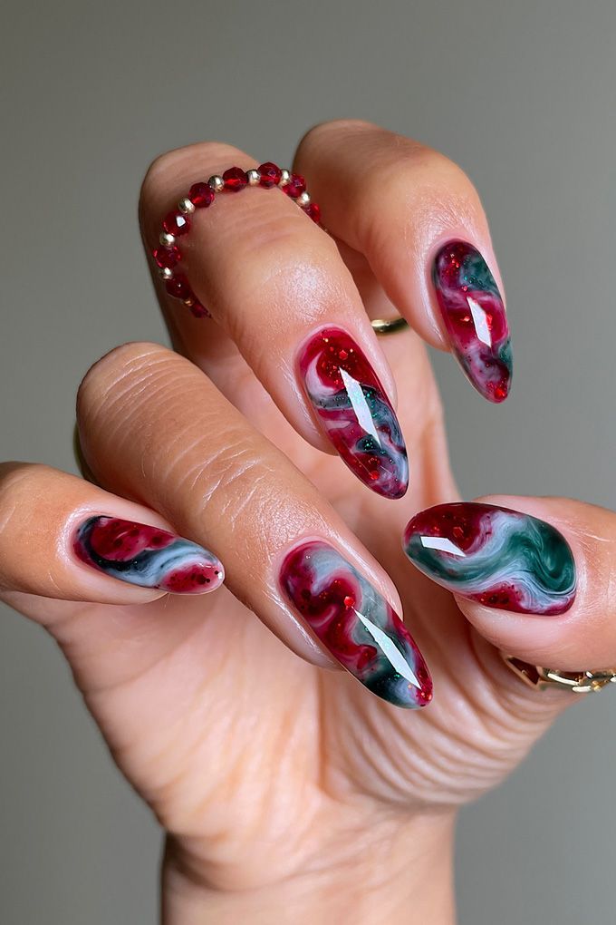 Marbled Festive Swirl Long Almonds Marbled Festive Swirl Long Almonds β Christmas Nails 2026