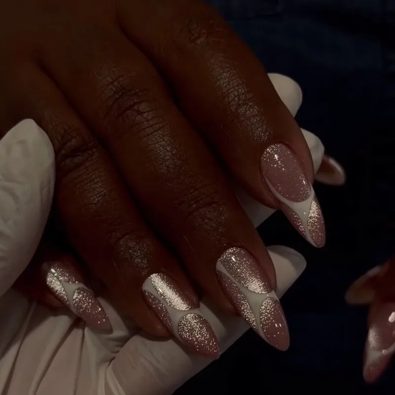 Nude Glitter Geometric French Stiletto Nails Nude Glitter Geometric French Stiletto Nails β New Years Acrylic Nails 2027