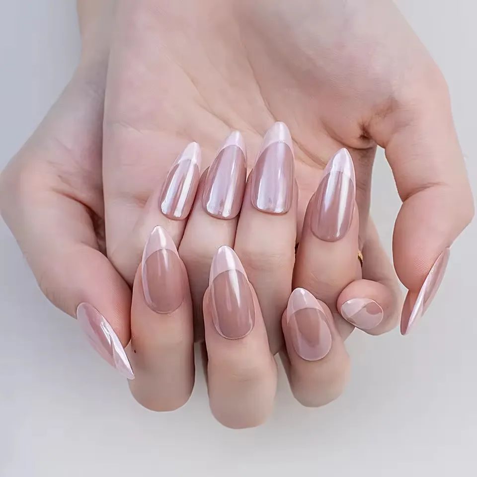 Milky Pearlescent French Tip Almond Nails Milky Pearlescent French Tip Almond Nails β New Years Acrylic Nails 2027