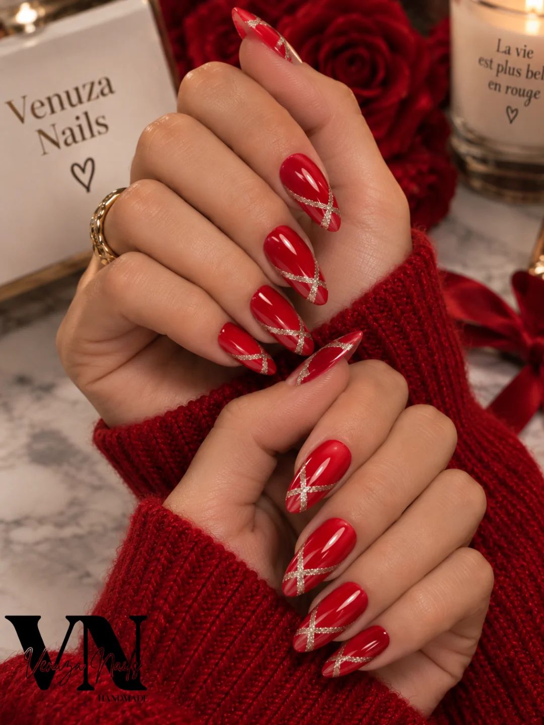 Vibrant Red with Gold Glitter Accents Vibrant Red with Gold Glitter Accents β New Years Acrylic Nails 2027