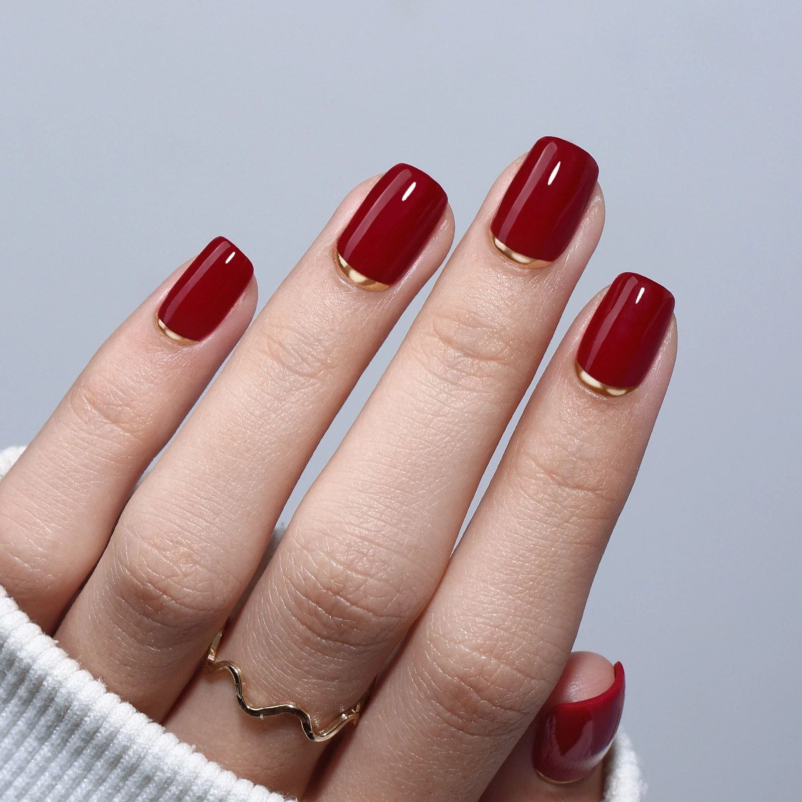 Deep Red Glossy with Gold Cuticle Line — Easy New Years Nails 2027