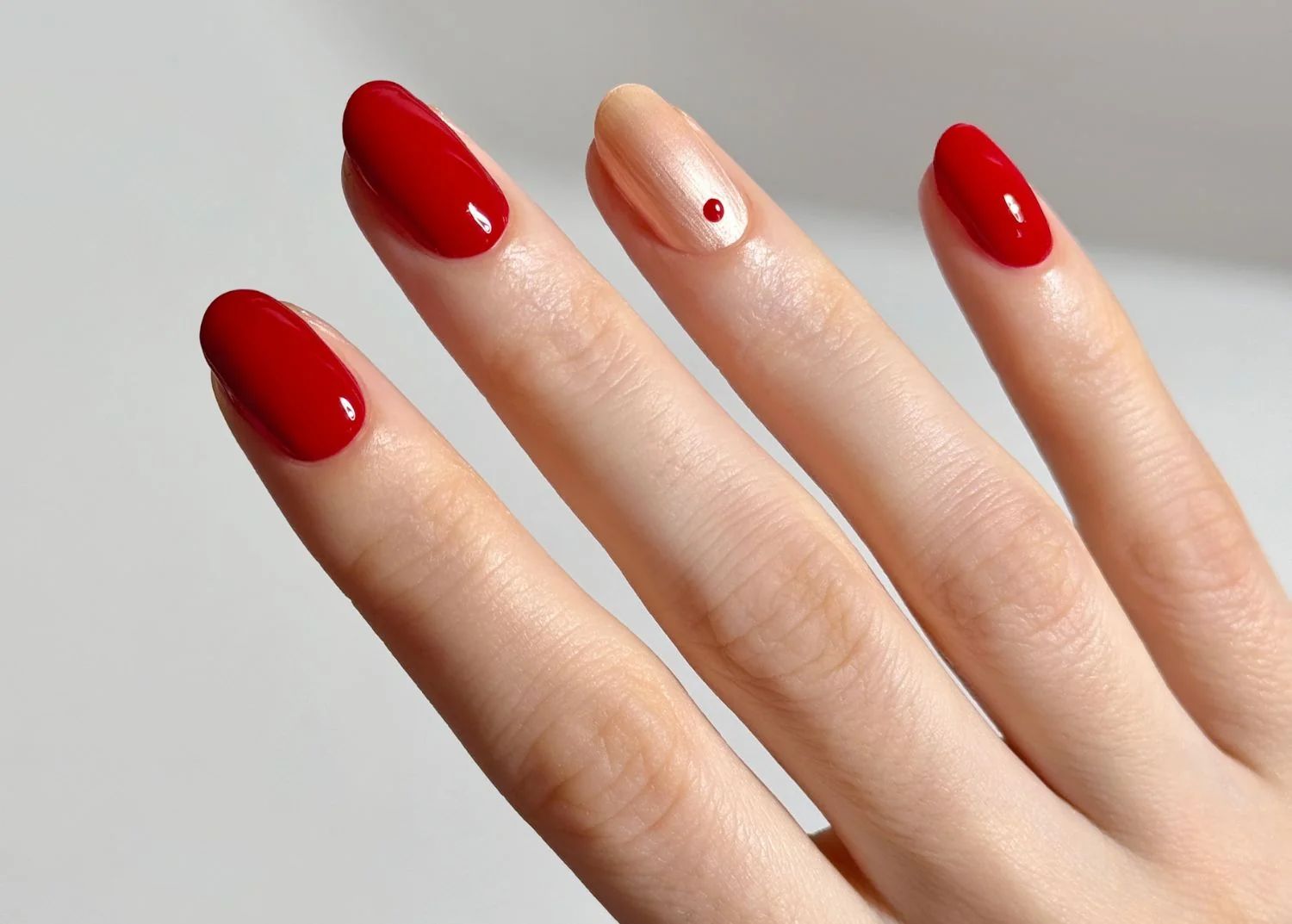 Bright Red with Nude Accent Dot — Easy New Years Nails 2027