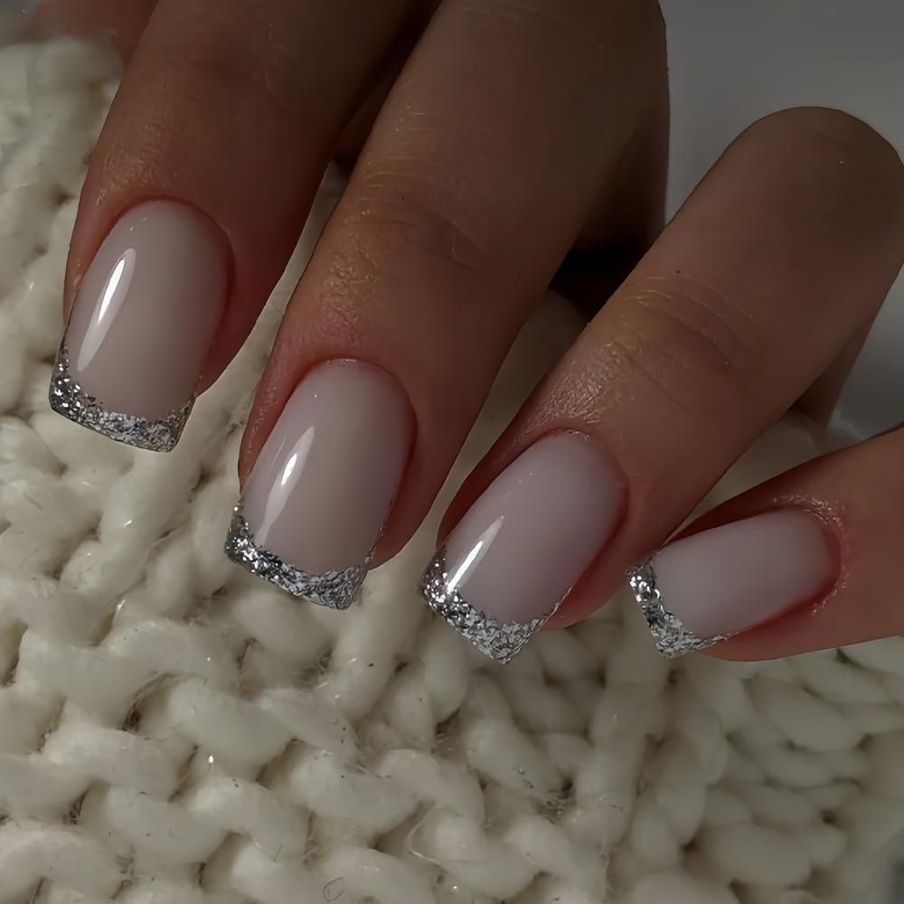 Neutral Pink Glitter French Tips Neutral Pink Glitter French Tips β New Years Square Nails 2027