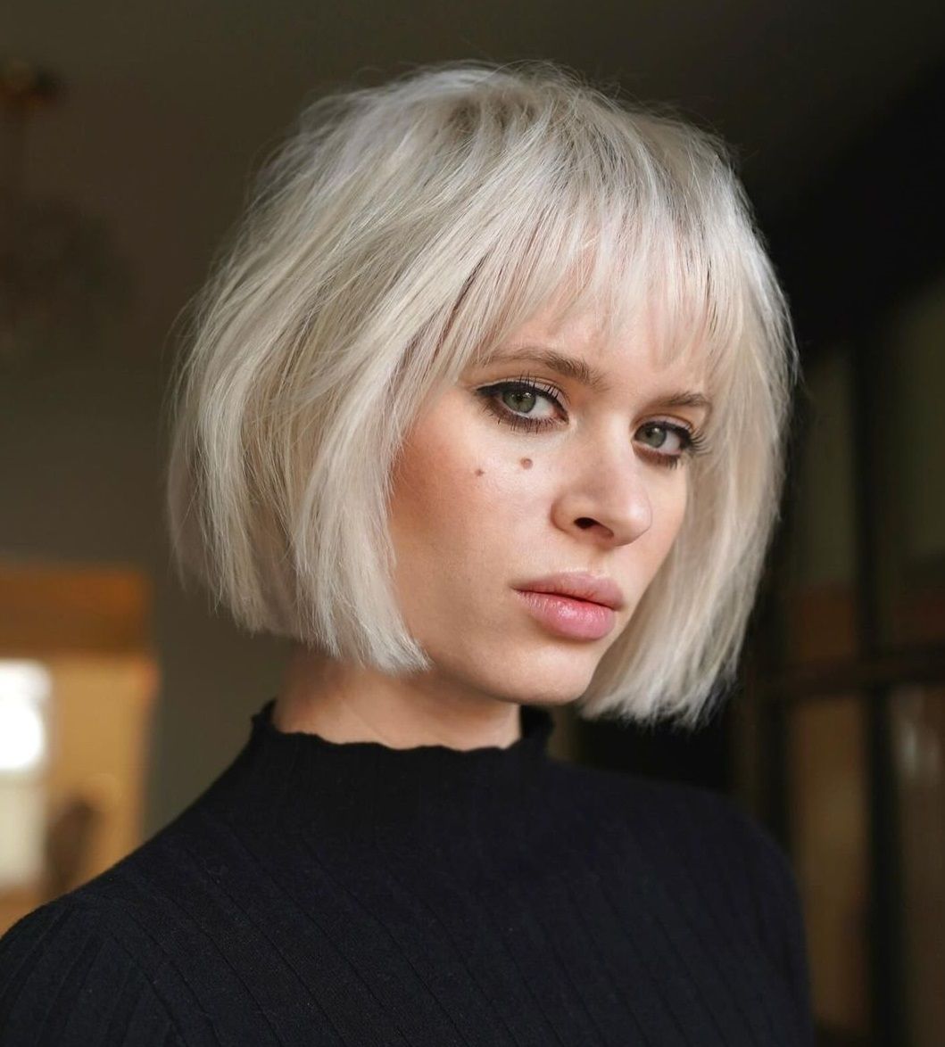 Chin Bob With Platinum Blunt Bangs — Winter Hairstyles for Thin Hair
