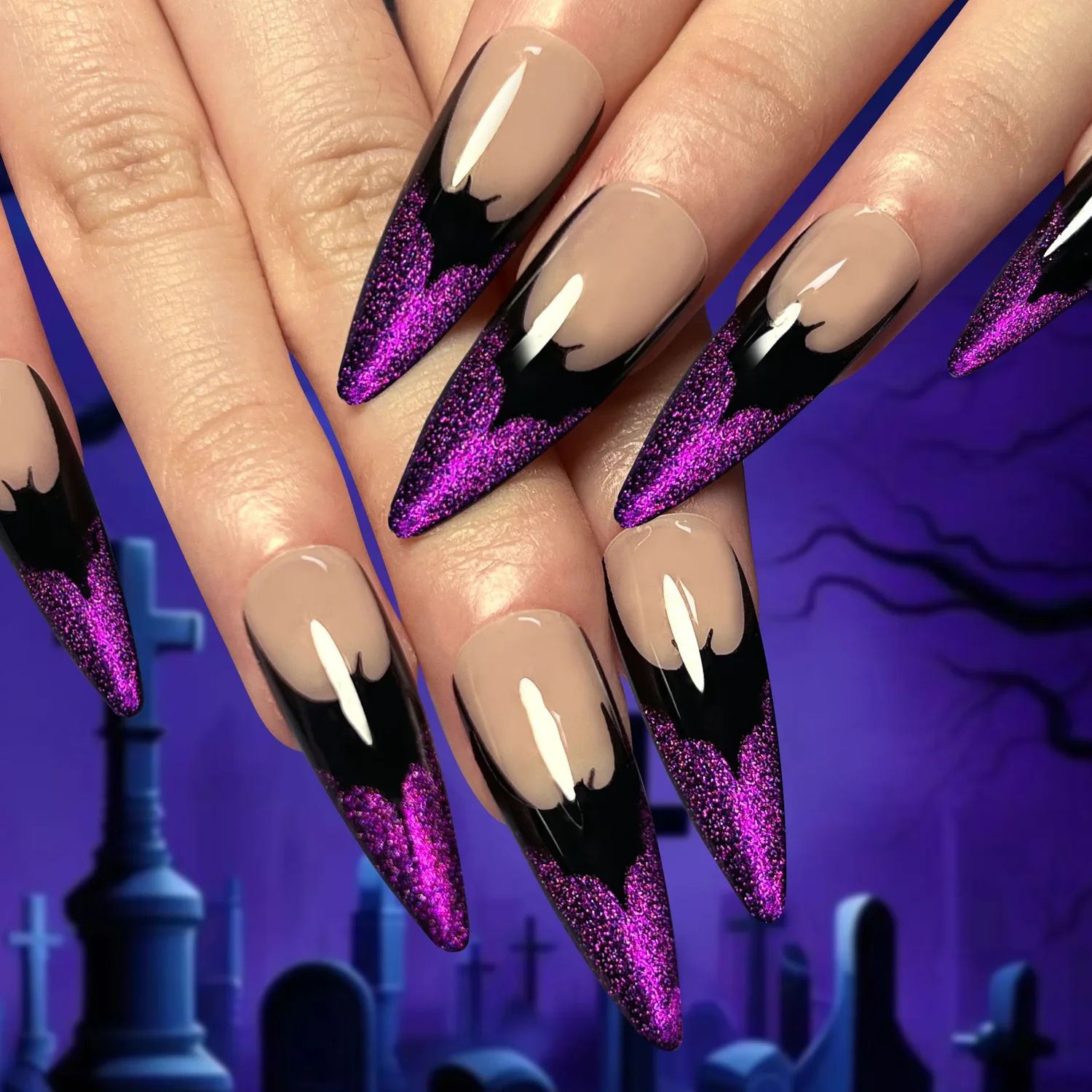 Nude Black Bat Glitter Stilettos Nude Black Bat Glitter Stilettos β New Years Stiletto Nails 2027