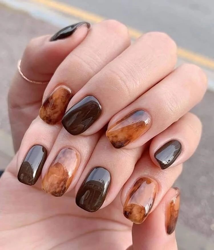 Deep Brown Glossy with Marble Accent — Cozy Winter Nails