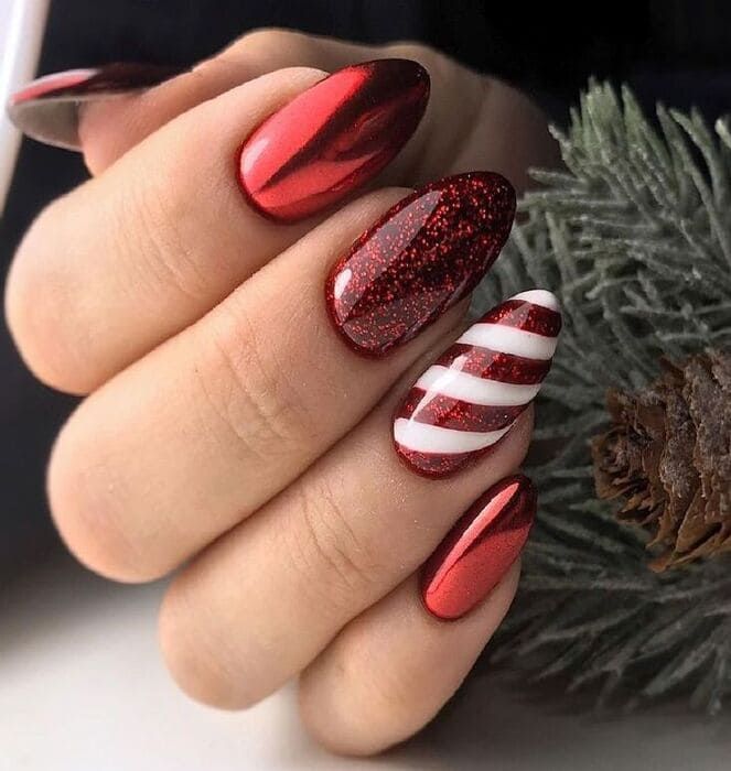 Deep Red Glitter Candy Cane Oval Nails Deep Red Glitter Candy Cane Oval Nails β Classy Christmas Nails 2026