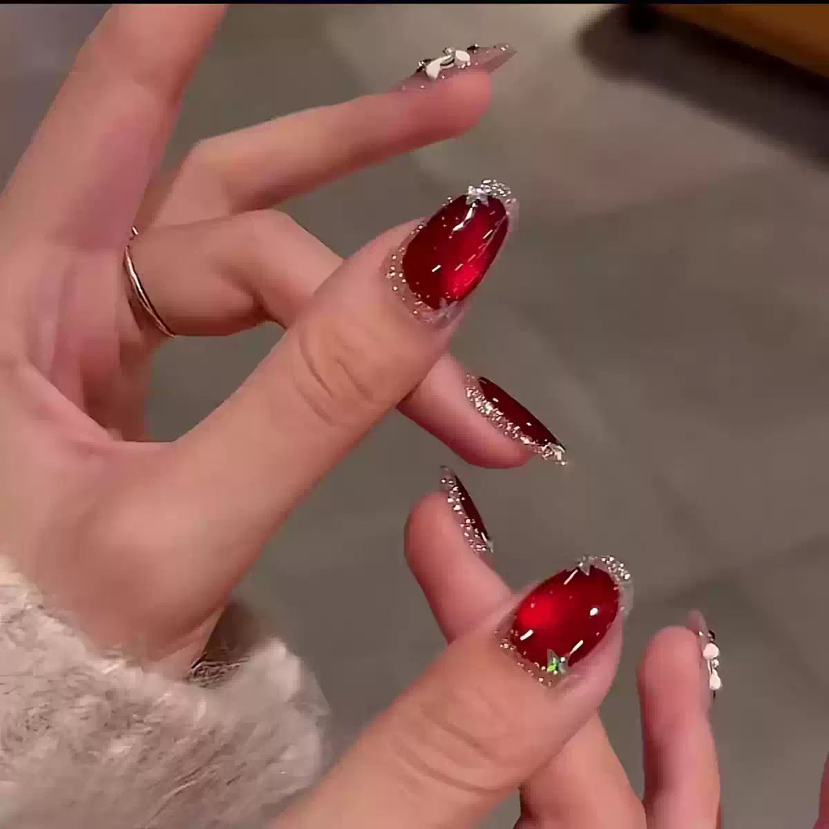 Deep Red Cat-Eye with Glitter and Stones — New Years Press On Nails 2027