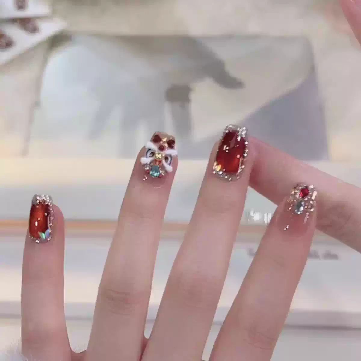 Red Square with 3D Lion Dance Accents — New Years Press On Nails 2027
