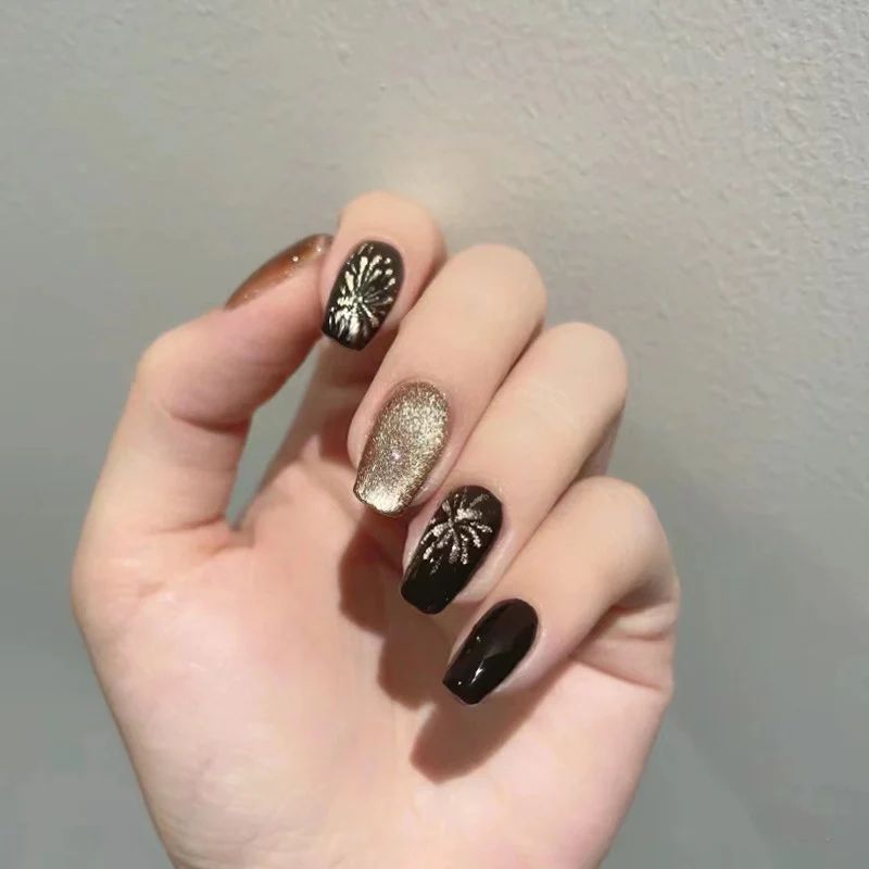 Black Coffin with Gold Fireworks 2027 — New Years Press On Nails 2027