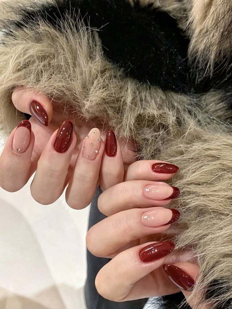 Nude Deep Red French Tip with Rhinestones — New Years Press On Nails 2027
