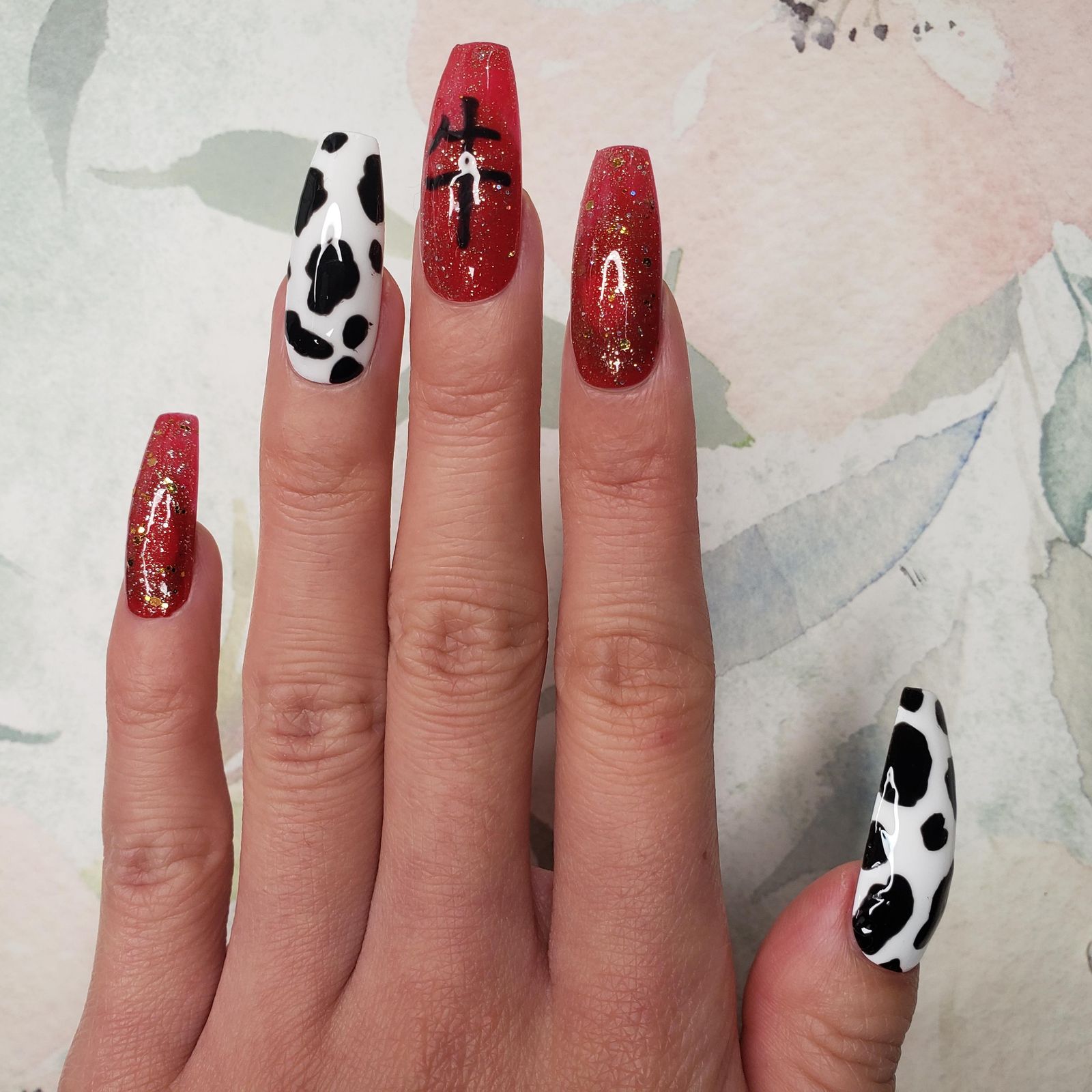 Cow Print and Red Glitter Coffins — New Years Press On Nails 2027