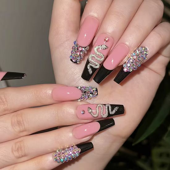 Pink and Black Snake Motif Coffins — New Years Press On Nails 2027
