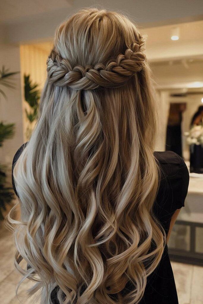 Blonde Braided Crown With Loose Curls Blonde Braided Crown With Loose Curls β Winter Wedding Guest Hairstyles