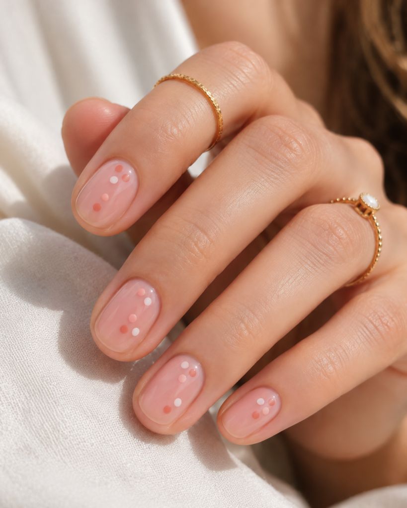 Sheer Pink with Delicate Dot Accents Sheer Pink with Delicate Dot Accents β Short Winter Round Nails
