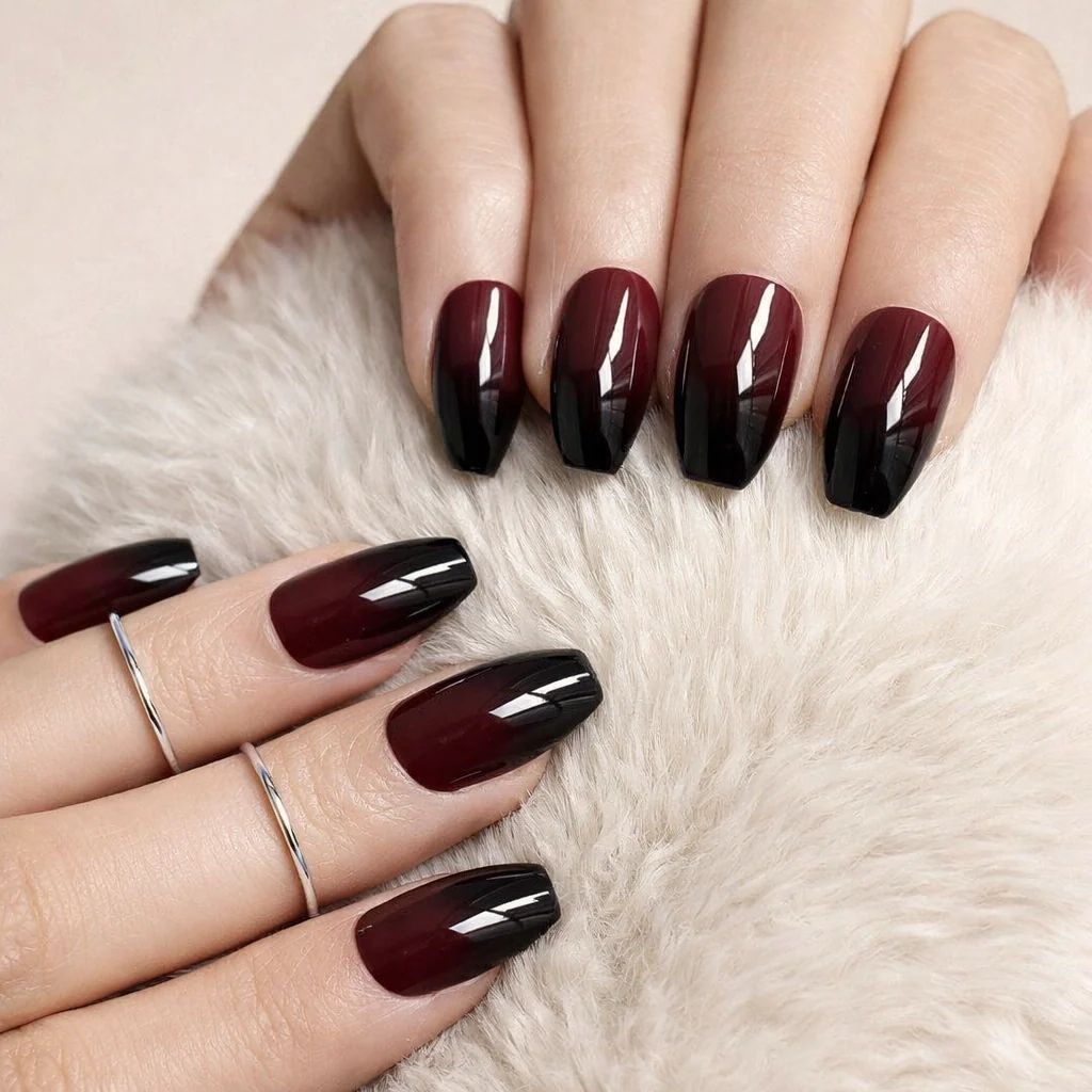 Dark Red to Black Ombre Short Coffin Nails Dark Red to Black Ombre Short Coffin Nails β Short Winter Coffin Nails