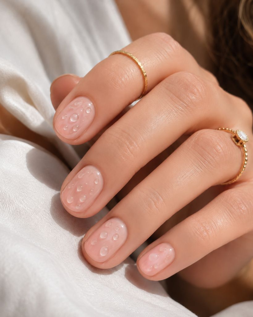 Sheer Pink Nude with 3D Water Drop Effect Sheer Pink Nude with 3D Water Drop Effect β Short Winter Oval Nails