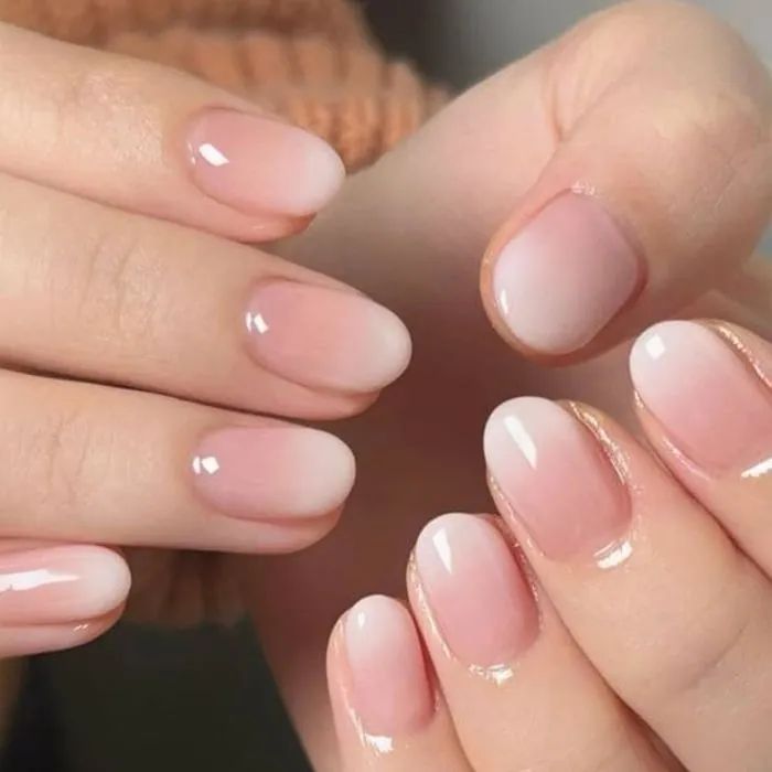 Any Season Soft Look Pink to White Ombre Glossy Short Oval Any Season Soft Look Pink to White Ombre Glossy Short Oval β Short Winter Oval Nails