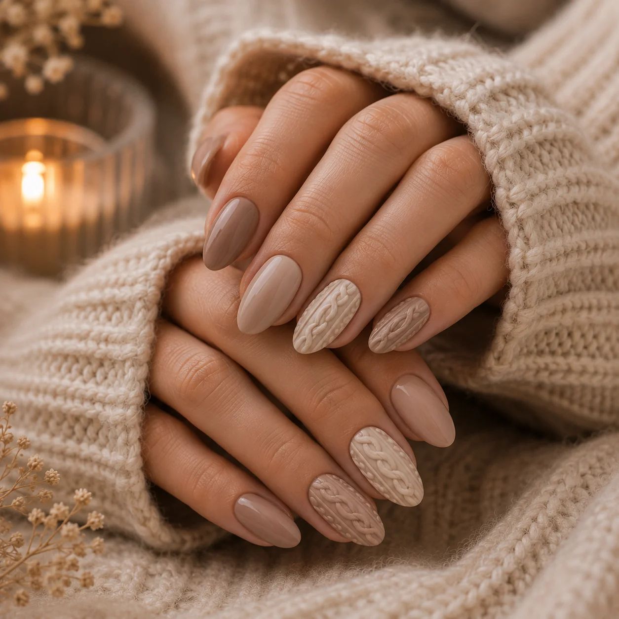 Cozy Cable Knit Beige and Brown Nails Cozy Cable Knit Beige and Brown Nails β Short Winter Oval Nails
