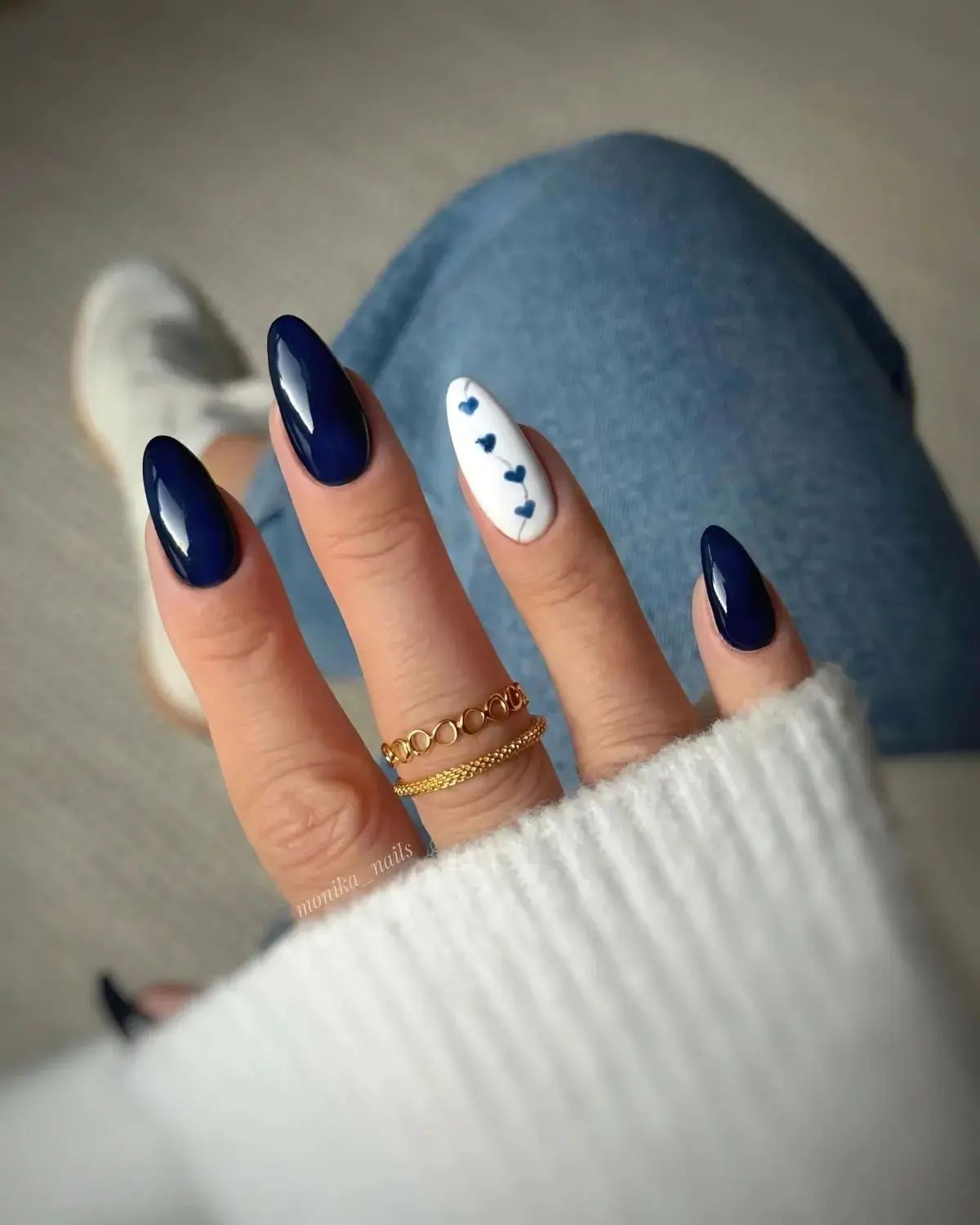 Navy Blue Nails with Heart Decals Navy Blue Nails with Heart Decals β Medium Winter Almond Nails