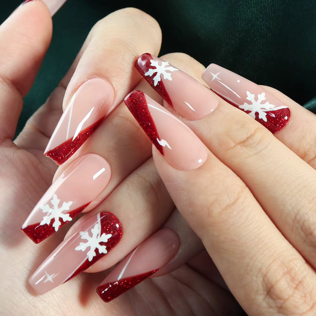 Nude Snowflake Red Glitter French Coffin Nails Nude Snowflake Red Glitter French Coffin Nails β New Years Coffin Nails 2027
