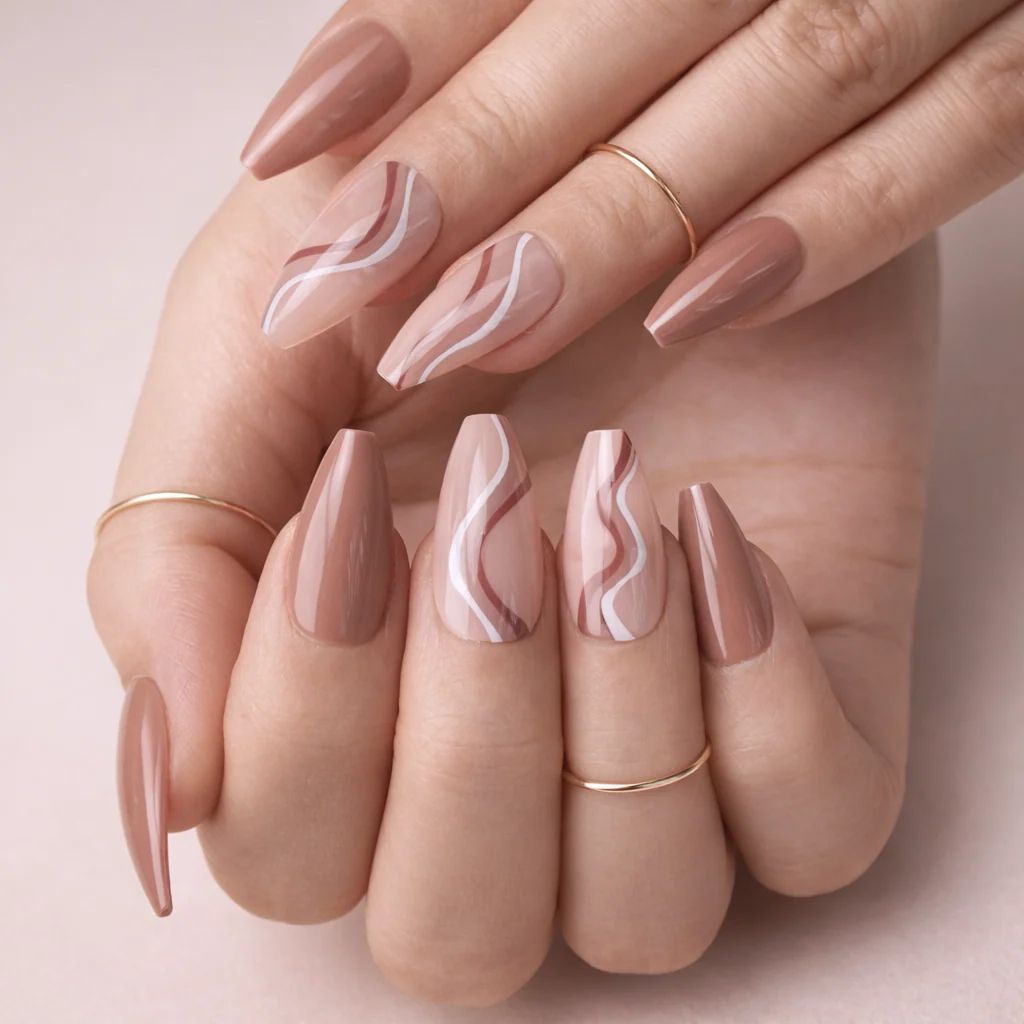 Medium Brown Wavy Line Coffin Nails Medium Brown Wavy Line Coffin Nails β New Years Coffin Nails 2027