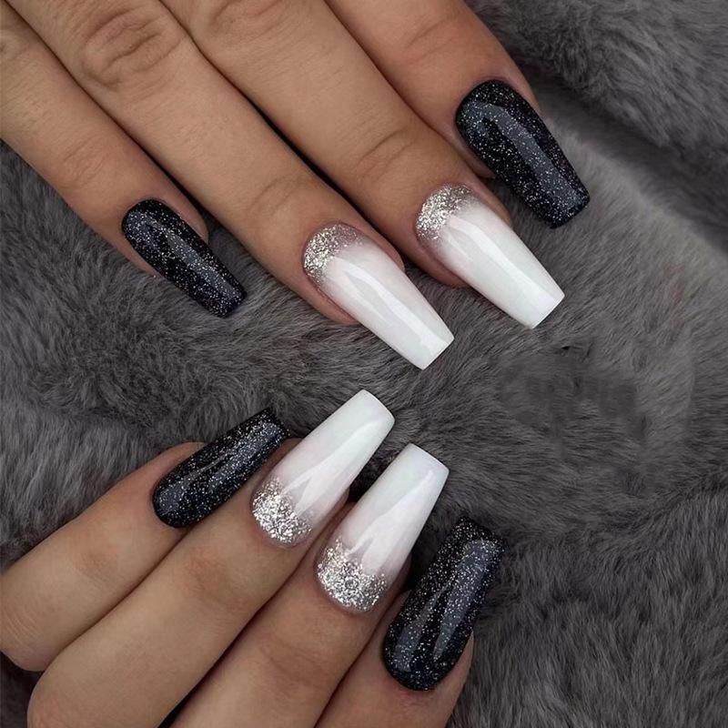 Acheter 24 Pièces/ensemble Rapide Ongles Longs Noir Et Blanc Paillettes Poudre Faux Nials Autocollant Portable Imperméable Manucure Ongles Finis | Joom