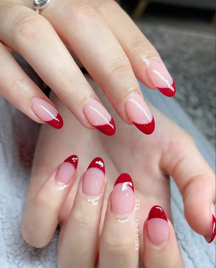 Almond Red French Tip Nails Almond Red French Tip Nails β Winter Date Night Nails