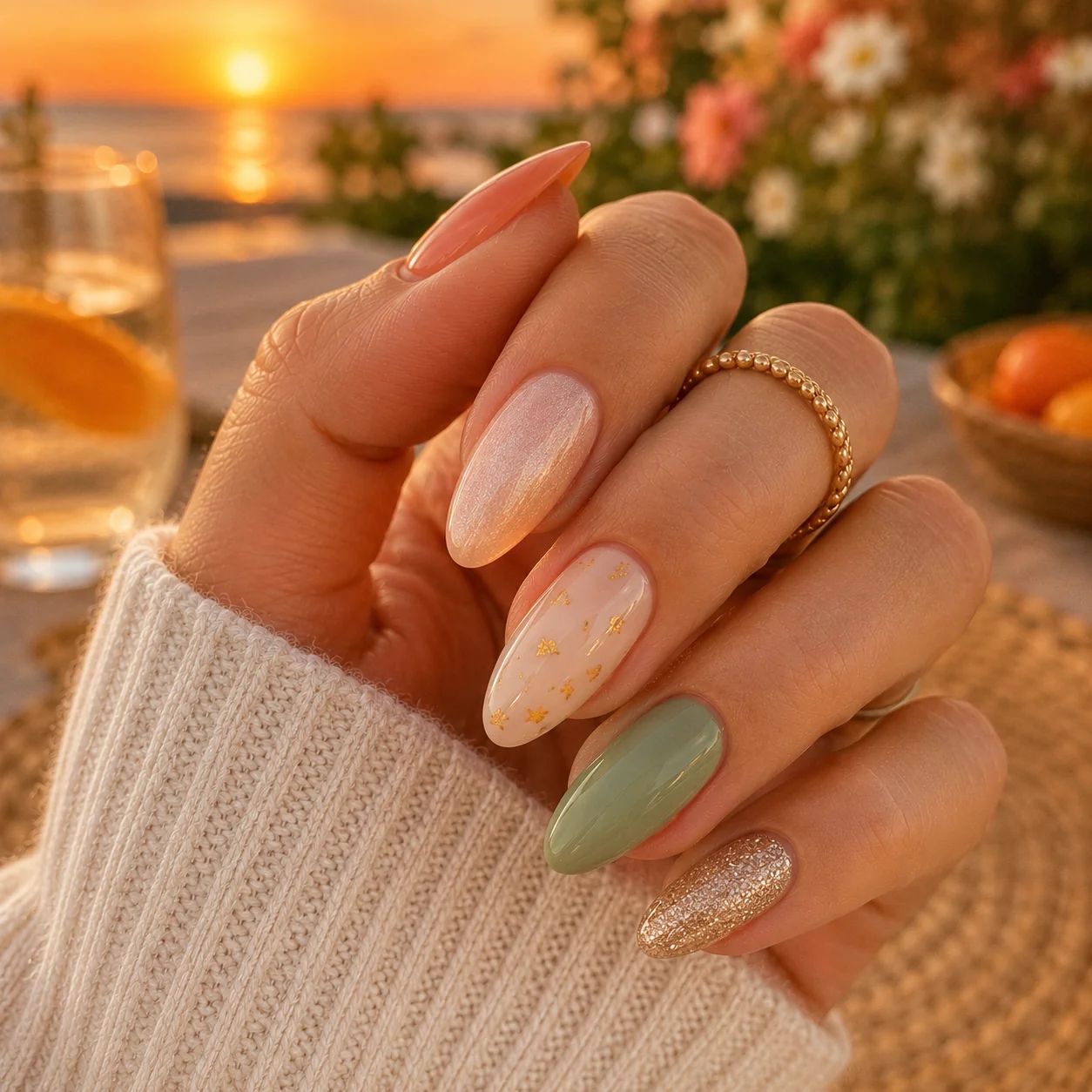Soft Colors With Scattered Gold Foil Soft Colors With Scattered Gold Foil β Winter Champagne Nails