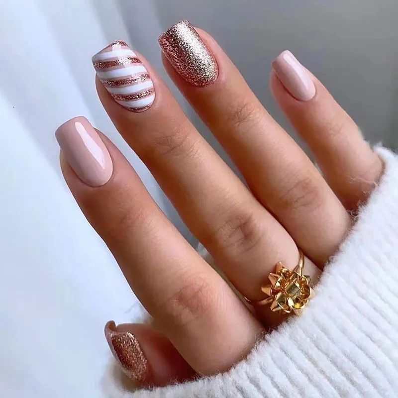 Rose Gold Glitter Striped Oval Nails Rose Gold Glitter Striped Oval Nails β Winter Nails for Teens