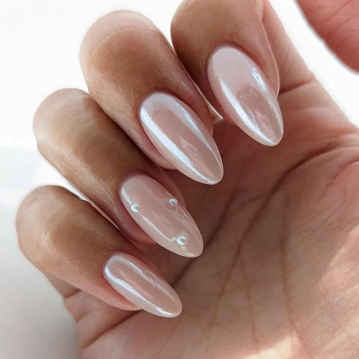 Neutral Beige Pearl Almond Nails — Winter Pearl Nails