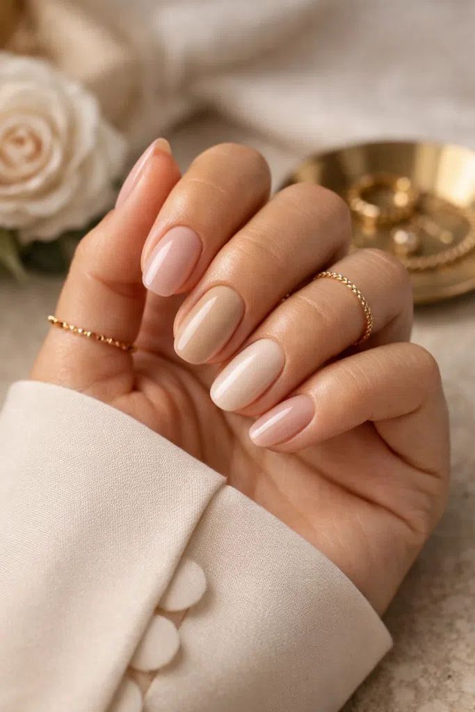 Various Nude and Soft Pink Short Ovals Various Nude and Soft Pink Short Ovals β Winter Wedding Guest Nails
