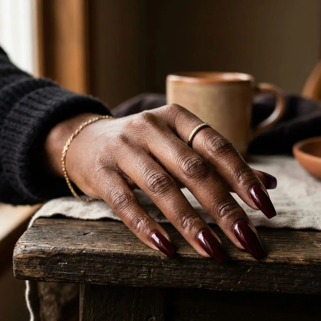 Long Coffin Deep Burgundy Glossy Nails Long Coffin Deep Burgundy Glossy Nails β Winter Nails for Black Women