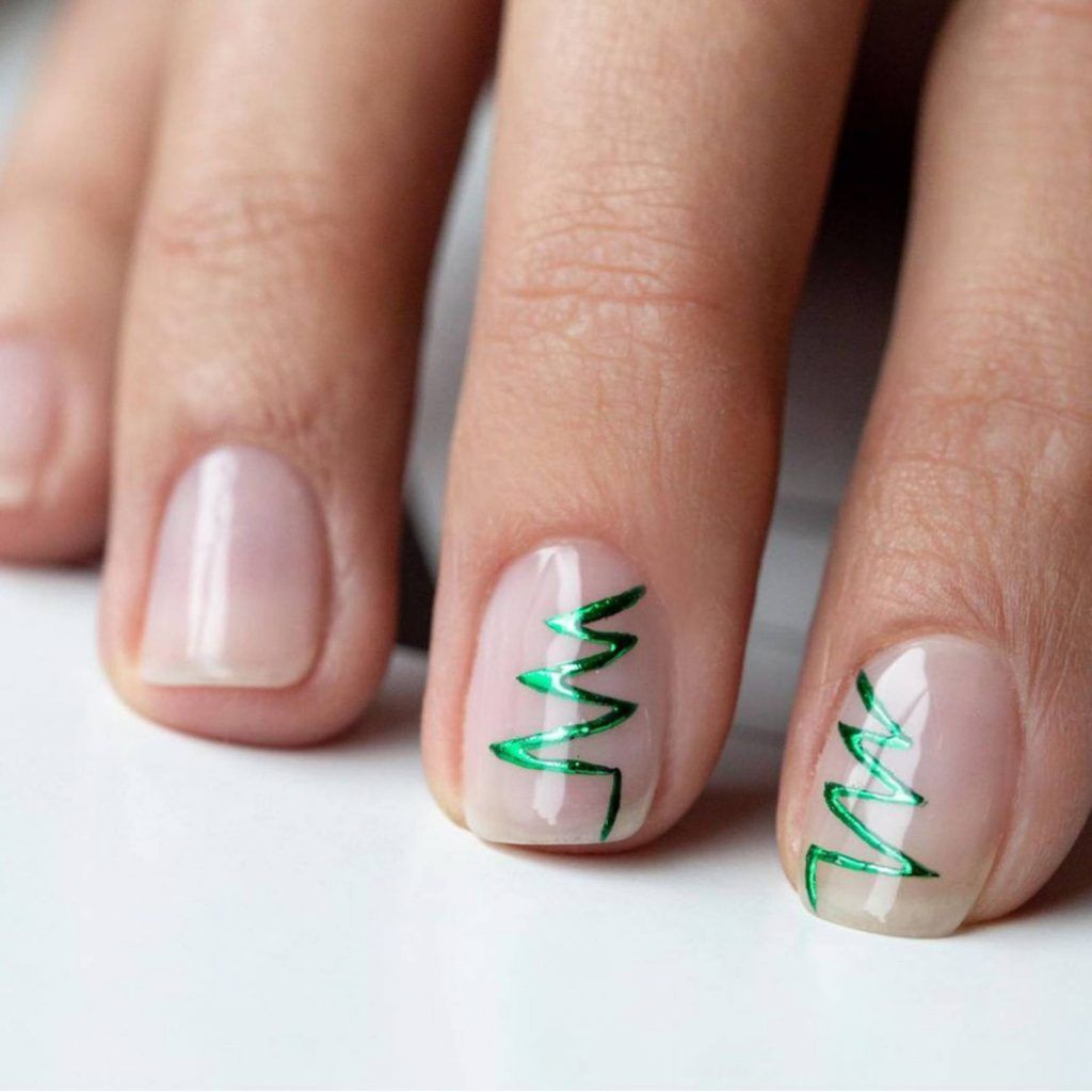 Sheer Nude Base Metallic Green Accents Visual Idea — Easy Christmas Nails 2026