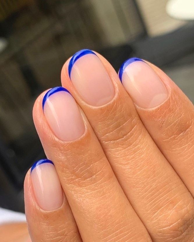 Sheer Nude Bright Blue French Oval Nails Sheer Nude Bright Blue French Oval Nails β Classy Short Winter Nails