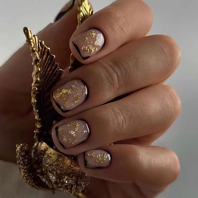 Gold Foil Flakes Black Border Square Nails — Winter Gold Nails