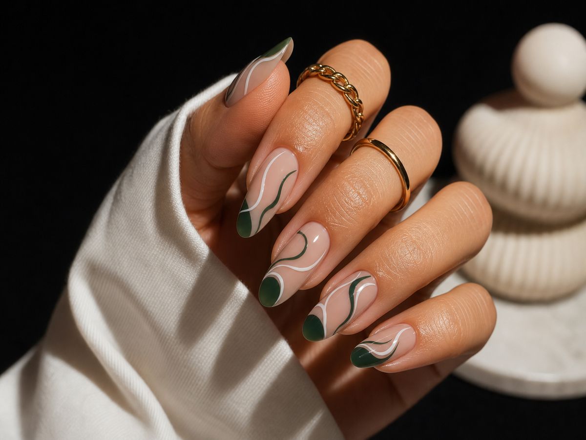 Abstract Dark Green White Swirls Nails — Winter Nail Colors for Olive Skin