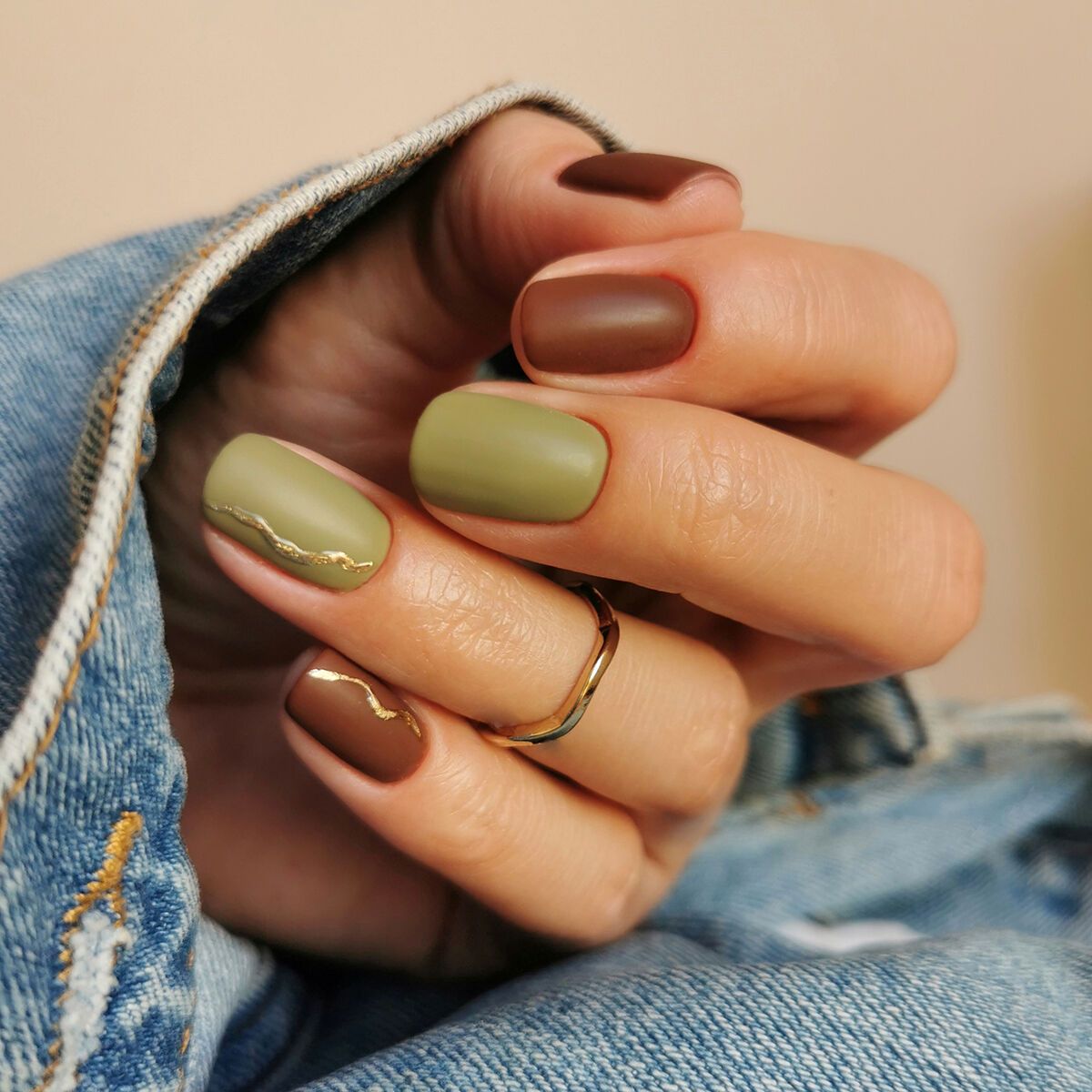Chocolate Brown and Olive Green Matte with Gold Foil — Winter Nail Colors for Brown Skin