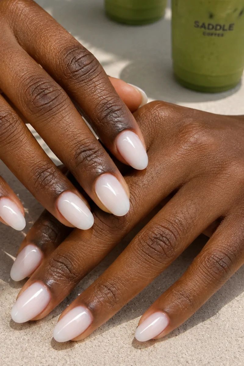 Milky White Glossy Oval Nails — Winter Nail Colors for Brown Skin