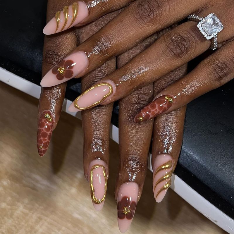 Pale Pink Stiletto with Gold Abstract & Floral Art Pale Pink Stiletto with Gold Abstract & Floral Art β Winter Nails for Black Women