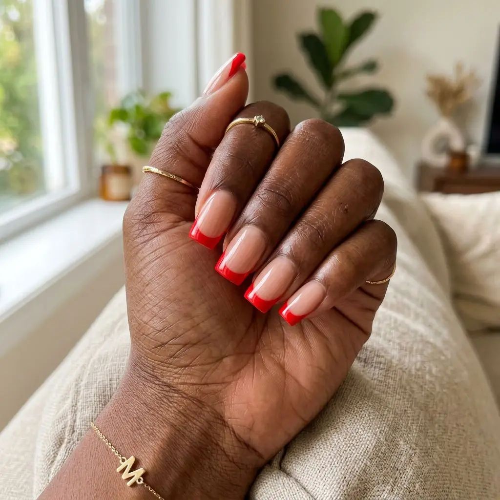 Short Square Red French Tips Short Square Red French Tips β Winter Nails for Black Women