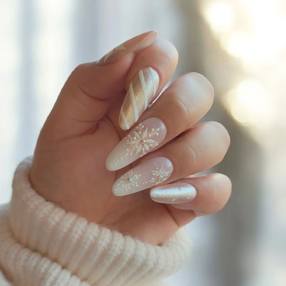 Nude Iridescent Snowflake Decal Nails Nude Iridescent Snowflake Decal Nails β Winter Nail Art Simple